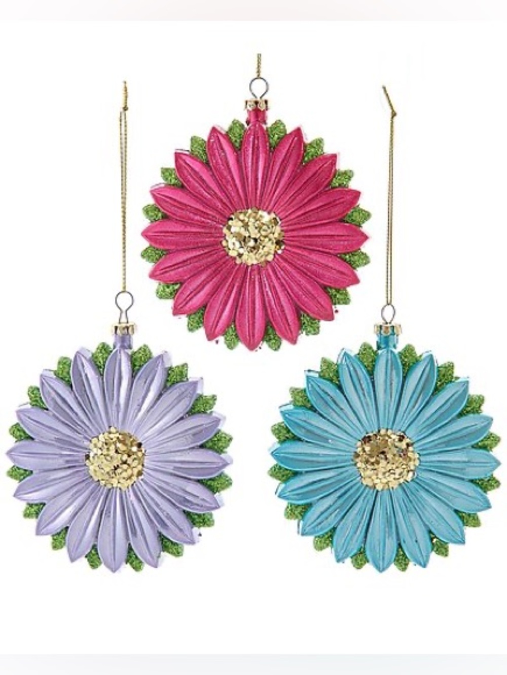 Daisy Ornaments by Kurt Adler Set of 3 - Pink, Lavender, Teal NEW